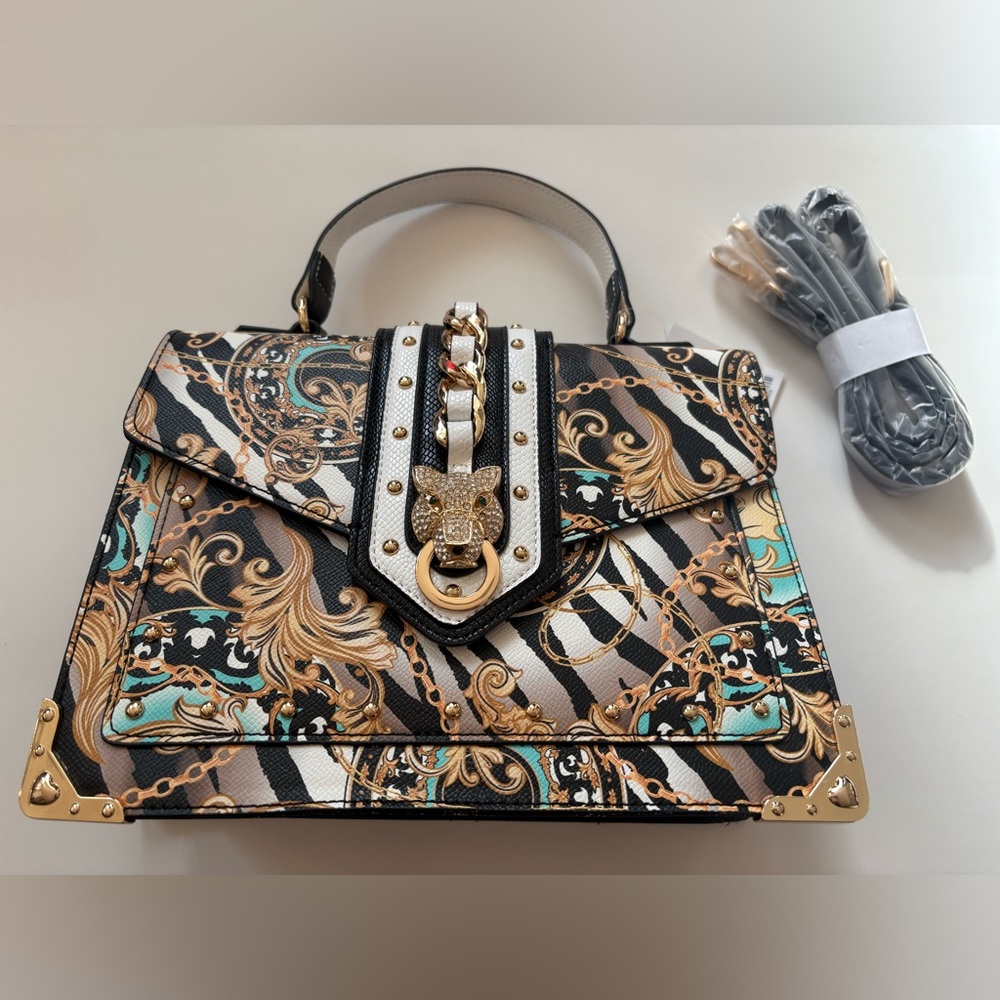 Aldo Black and Gold Baroque Satchel